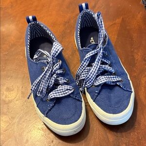Sperry Navy Canvas Sneakers with Blue Gingham Laces